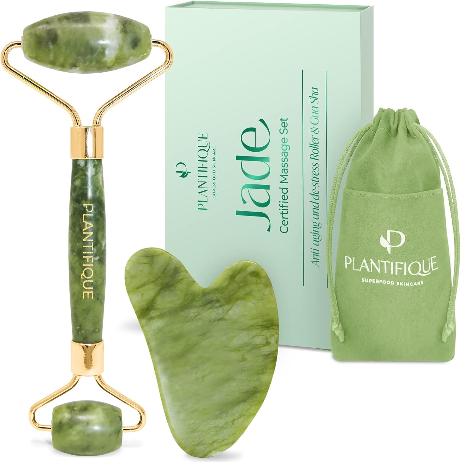 Rodillo facial y gua sha de jade premium, herramientas de masaje para rejuvenecer la piel y mejorar la circulación.