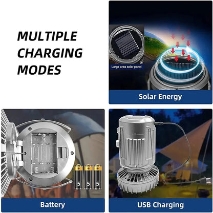 Outdoor Solar Camping Light Portable with Fan Solar Charge Hanging Tent Lamp Rechargeable Camping Flashlight Powerful Hand Lamp