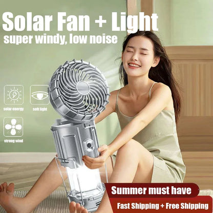 Outdoor Solar Camping Light Portable with Fan Solar Charge Hanging Tent Lamp Rechargeable Camping Flashlight Powerful Hand Lamp
